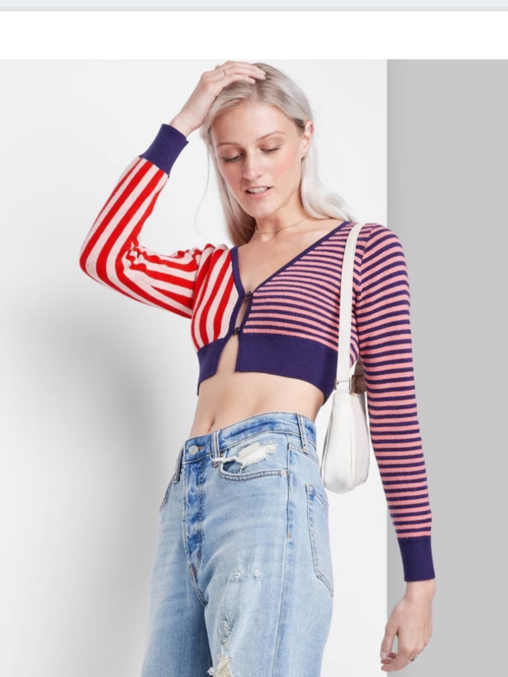 wild fable Striped Cropped Cardigan in Red, Pink & Navy